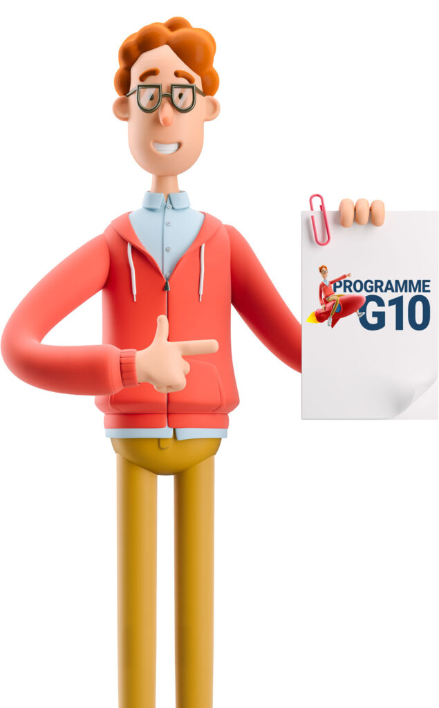 Illustration 3D d’un homme souriant en tenant un papier indiquant Programme G10.