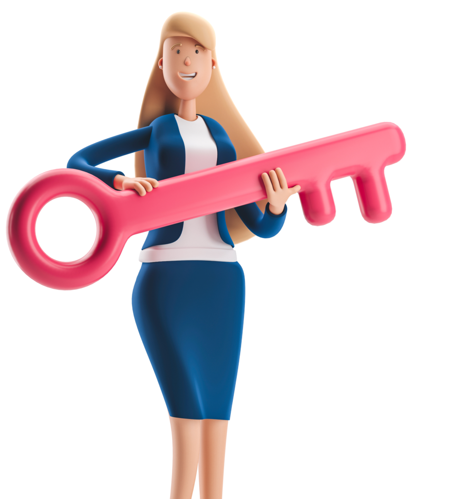 Illustration 3D d’une femme souriante en tenue professionnelle tenant une grande clé rose.